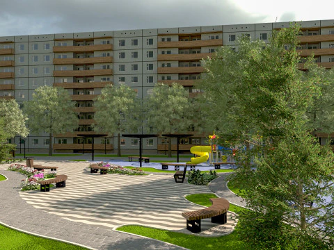 Готовый к игре двор современного жилого квартала 3D Модель