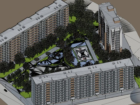 Готовый к игре двор современного жилого квартала 3D Модель