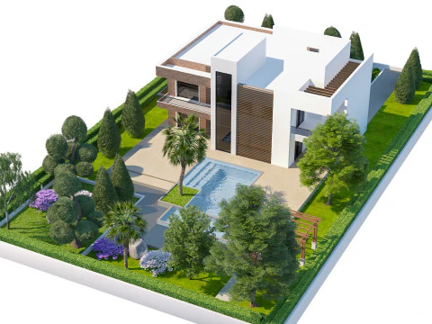 Modelo de casa moderna 3D realista com paisagismo e pérgula Modelo 3D