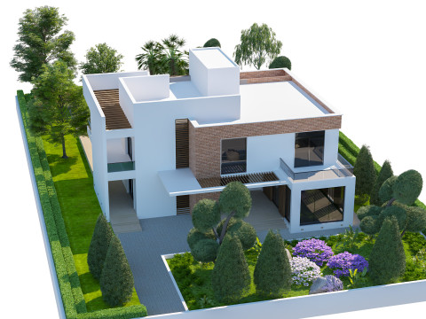 逼真的 3D 现代房屋模型，带景观美化和凉棚 3D 模型