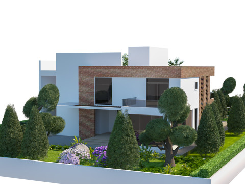 逼真的 3D 现代房屋模型，带景观美化和凉棚 3D 模型