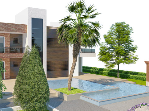 逼真的 3D 现代房屋模型，带景观美化和凉棚 3D 模型