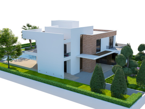 逼真的 3D 现代房屋模型，带景观美化和凉棚 3D 模型