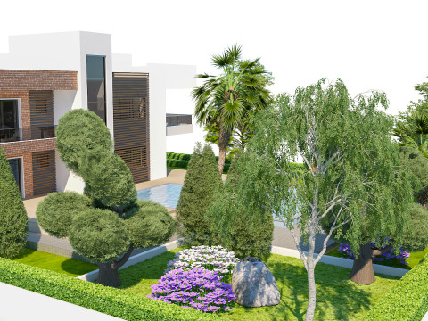 逼真的 3D 现代房屋模型，带景观美化和凉棚 3D 模型