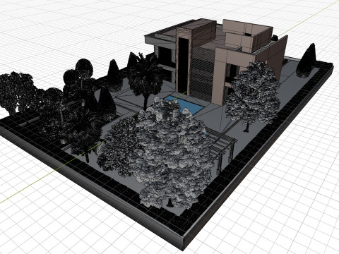 逼真的 3D 现代房屋模型，带景观美化和凉棚 3D 模型