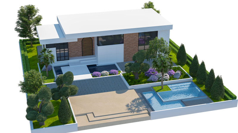 Detaylı Peyzaj Havuzlu Çağdaş Tek Katlı Ev 3D Model .c4d .max .obj .3ds .fbx .stl .blend