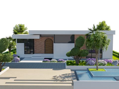 Detaylı Peyzaj Havuzlu Çağdaş Tek Katlı Ev 3D Model