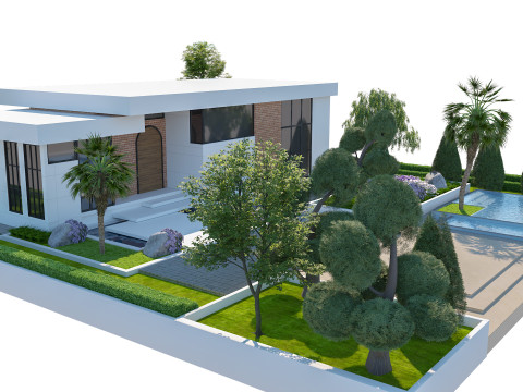 Detaylı Peyzaj Havuzlu Çağdaş Tek Katlı Ev 3D Model