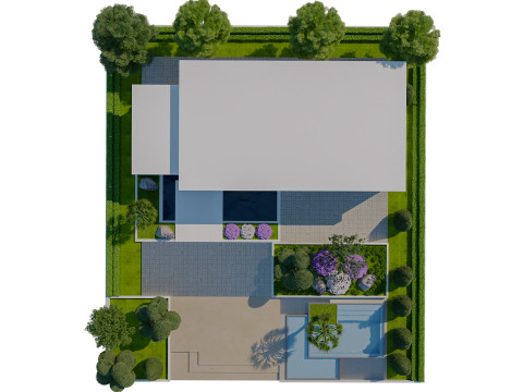 Detaylı Peyzaj Havuzlu Çağdaş Tek Katlı Ev 3D Model