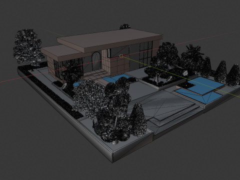 Detaylı Peyzaj Havuzlu Çağdaş Tek Katlı Ev 3D Model