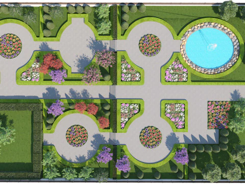 विस्तृत सजावटी पार्क फव्वारा दृश्य 3D मॉडल