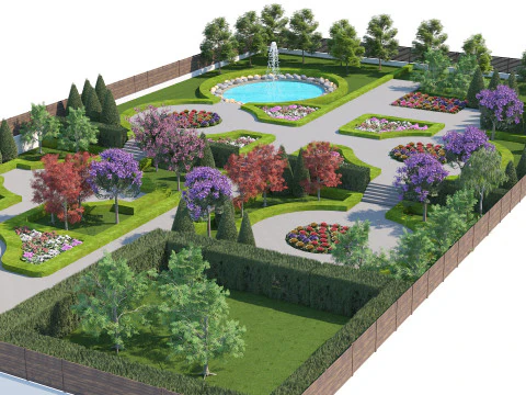 Detailed Ornamental Park Fountain Scene 3D Model