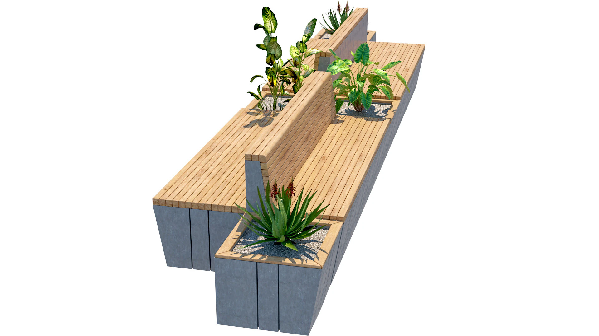 Outdoor modern wood concrete bench with planter 3D Model .c4d .max .obj .3ds .fbx .stl .blend 