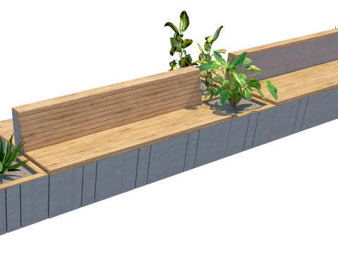 Outdoor modern wood concrete bench with planter 3D Model
