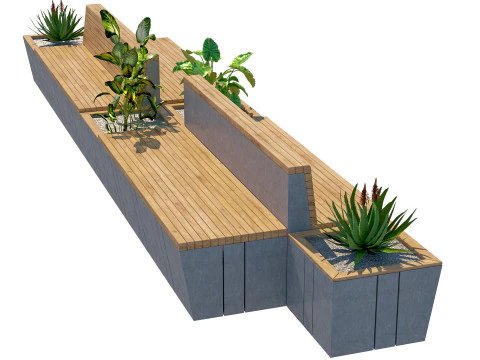 Outdoor modern wood concrete bench with planter 3D Model