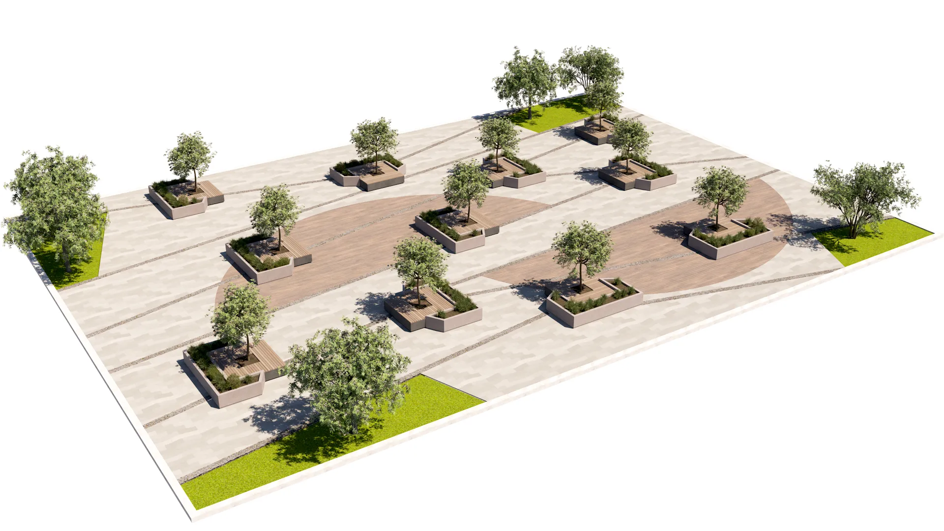 Urban Pedestrian Plaza Design with Trees and Integrated Benches 3D Model .c4d .max .obj .3ds .fbx .stl .blend