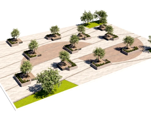 Urban Pedestrian Plaza Design with Trees and Integrated Benches 3D Model