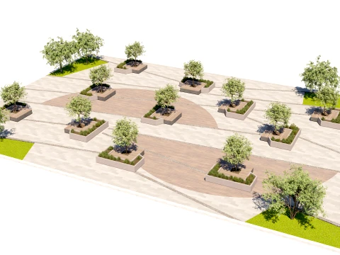 Urban Pedestrian Plaza Design with Trees and Integrated Benches 3D Model