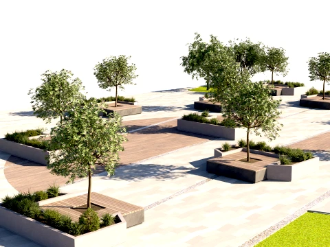 Urban Pedestrian Plaza Design with Trees and Integrated Benches 3D Model