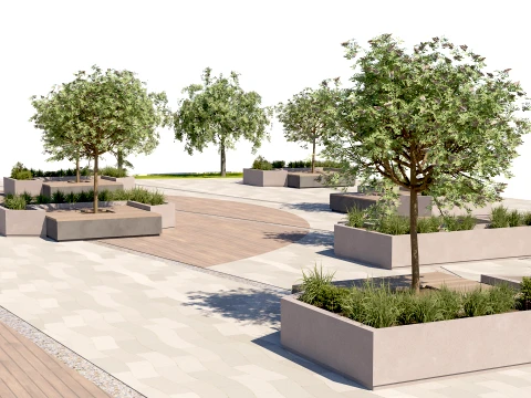 Urban Pedestrian Plaza Design with Trees and Integrated Benches 3D Model