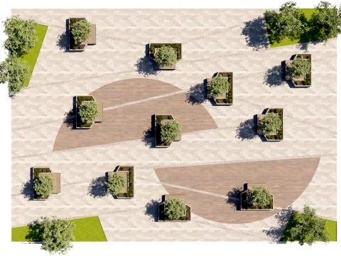 Urban Pedestrian Plaza Design with Trees and Integrated Benches 3D Model