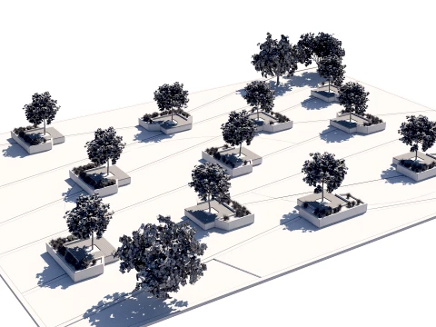Urban Pedestrian Plaza Design with Trees and Integrated Benches 3D Model