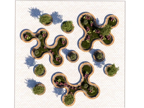 Urban Public Plaza Seating and Landscape Design 3D Model
