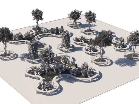 Urban Public Plaza Seating and Landscape Design 3D Model