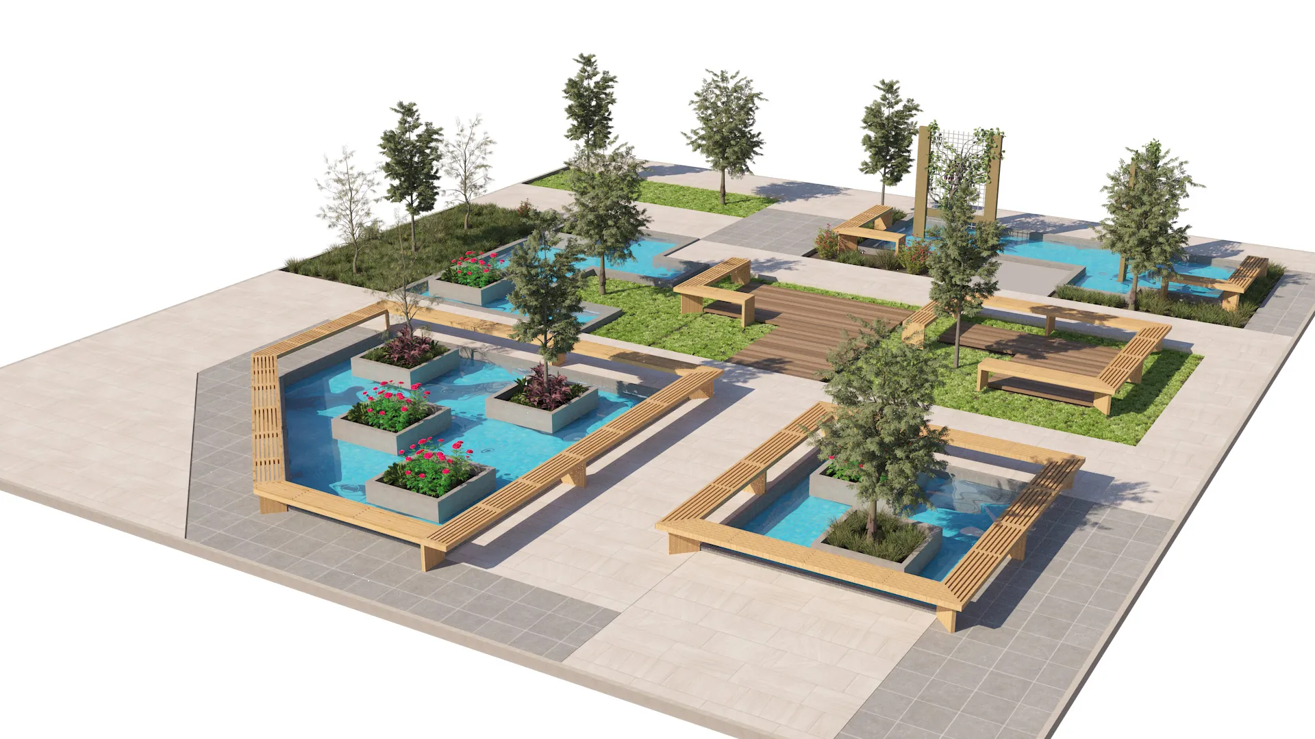 Public Park Water Feature Scene 3D Model .c4d .max .obj .3ds .fbx .stl .blend 