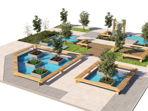 Public Park Water Feature Scene 3D Model