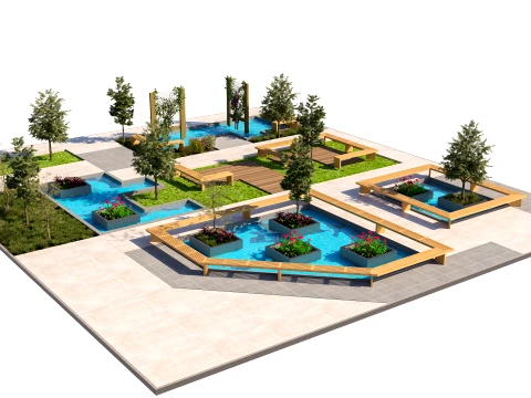 Public Park Water Feature Scene 3D Model