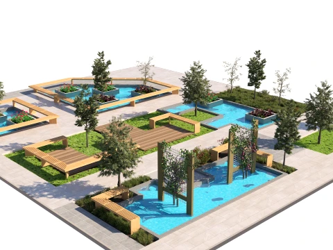 Public Park Water Feature Scene 3D Model