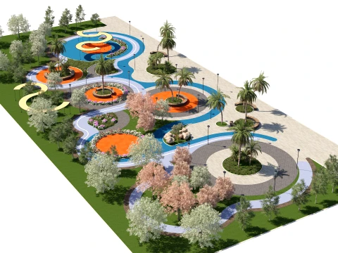 Public Park with Curved Canopies and Palm Trees Modelo 3D