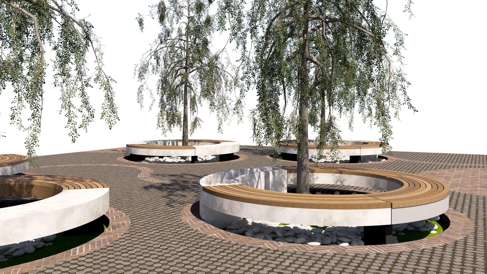 Modern Urban Park Plaza with Circular Tree Planters and Benches 3D Model .c4d .max .obj .3ds .fbx .stl .blend