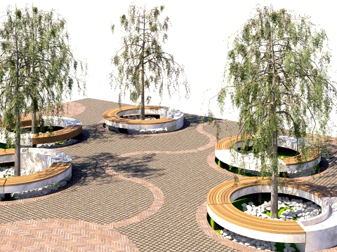 Modern Urban Park Plaza with Circular Tree Planters and Benches 3D Model
