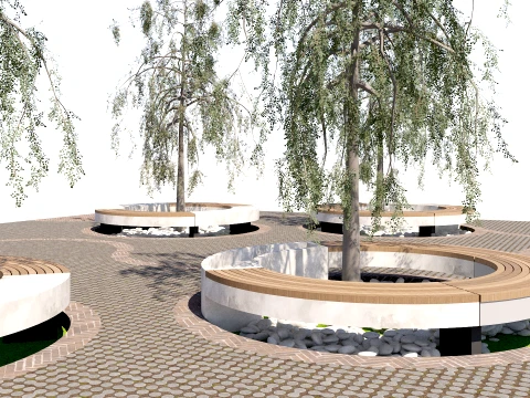 Modern Urban Park Plaza with Circular Tree Planters and Benches 3D Model