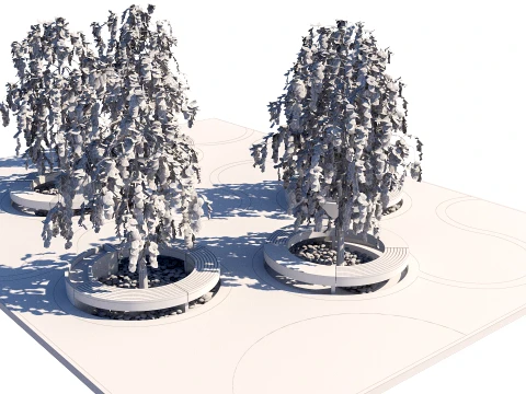 Modern Urban Park Plaza with Circular Tree Planters and Benches 3D Model