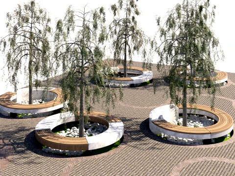 Modern Urban Park Plaza with Circular Tree Planters and Benches 3D Model