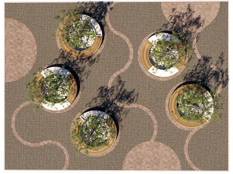 Modern Urban Park Plaza with Circular Tree Planters and Benches 3D Model