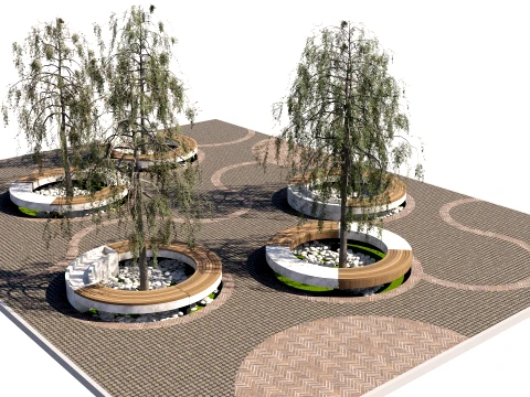 Modern Urban Park Plaza with Circular Tree Planters and Benches 3D Model