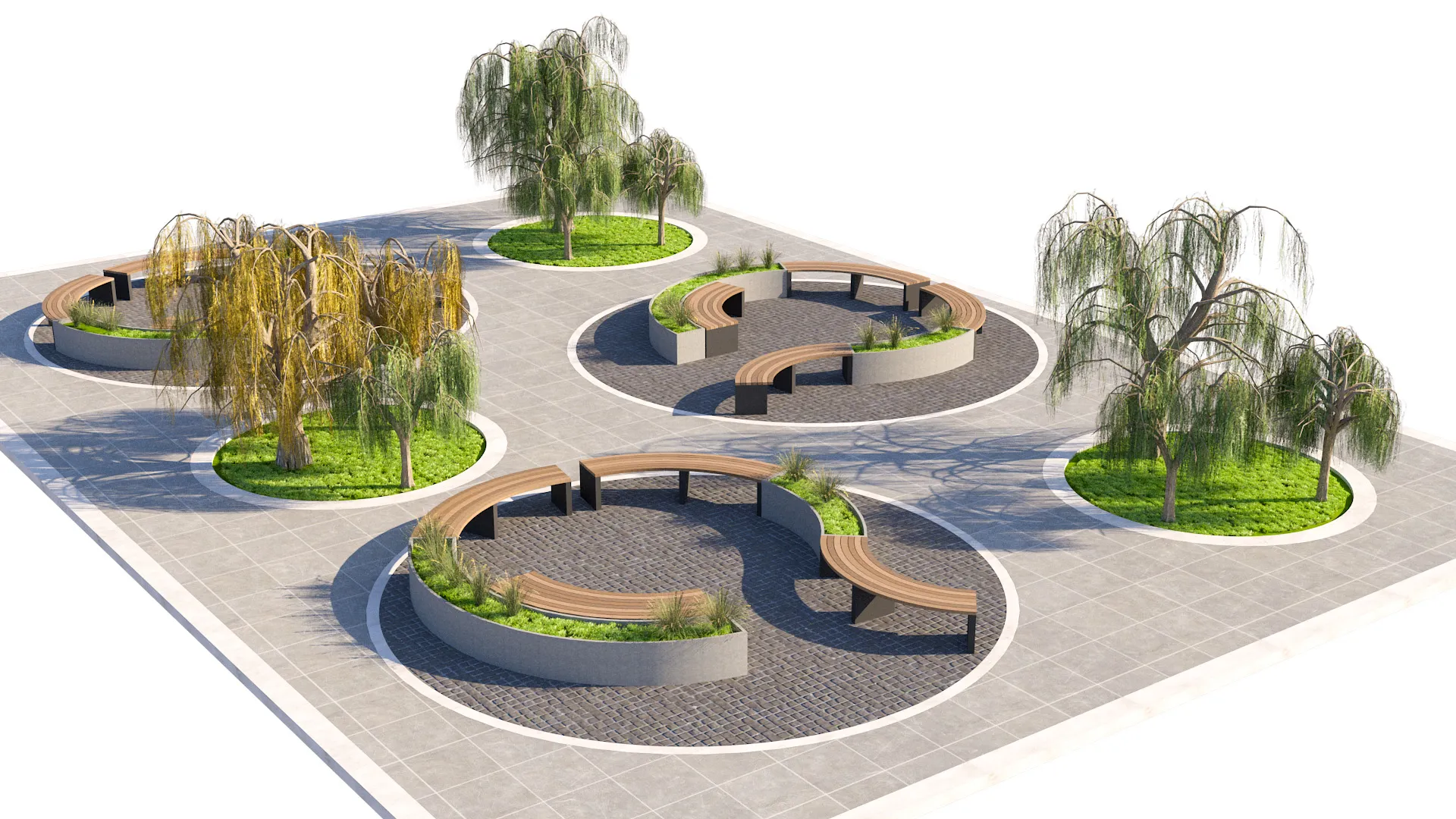 Urban Park Plaza Modular Environment Kit with Weeping Willows 3D Model .c4d .max .obj .3ds .fbx .stl .blend 