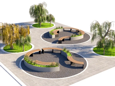 Urban Park Plaza Modular Environment Kit with Weeping Willows 3D Model