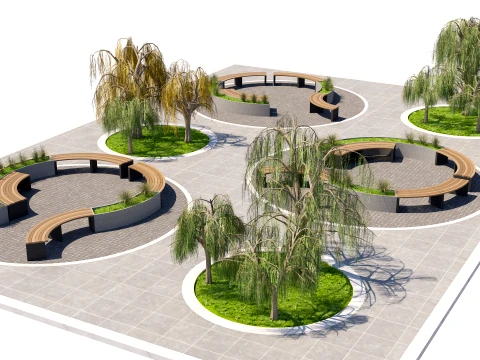 Urban Park Plaza Modular Environment Kit with Weeping Willows 3D Model