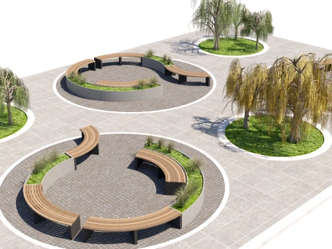 Urban Park Plaza Modular Environment Kit with Weeping Willows 3D Model