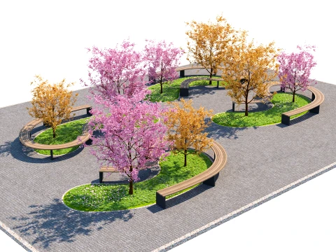 Curved Wooden Benches with Trees 3D Model