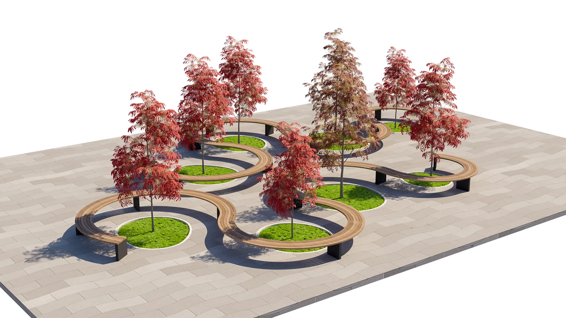 Curved Modular Landscape Seating Set with Autumn Trees and Paving 3D Model .c4d .max .obj .3ds .fbx .stl .blend 
