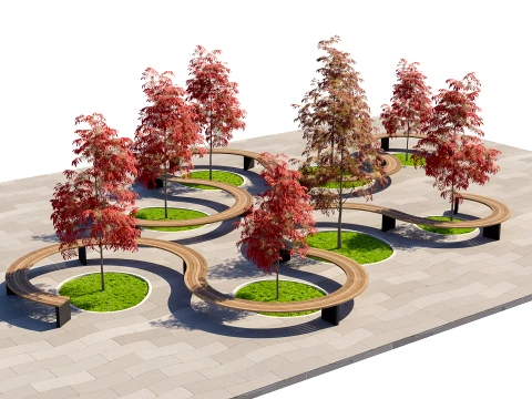 Curved Modular Landscape Seating Set with Autumn Trees and Paving 3D Modell