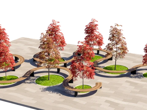 Curved Modular Landscape Seating Set with Autumn Trees and Paving 3D Model