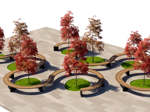 Curved Modular Landscape Seating Set with Autumn Trees and Paving 3D Model