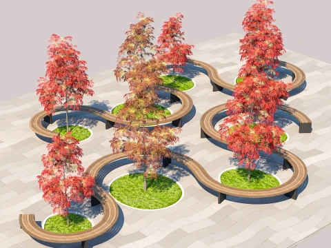 Curved Modular Landscape Seating Set with Autumn Trees and Paving 3D Model